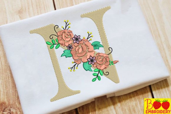 Letter N and Flower Embroidery Design